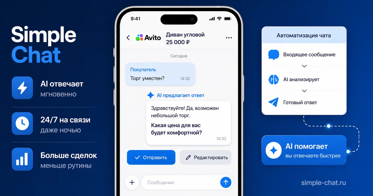 Чат-бот для Авито ведёт диалог с покупателем — AI уточняет детали заказа и предлагает следующий шаг