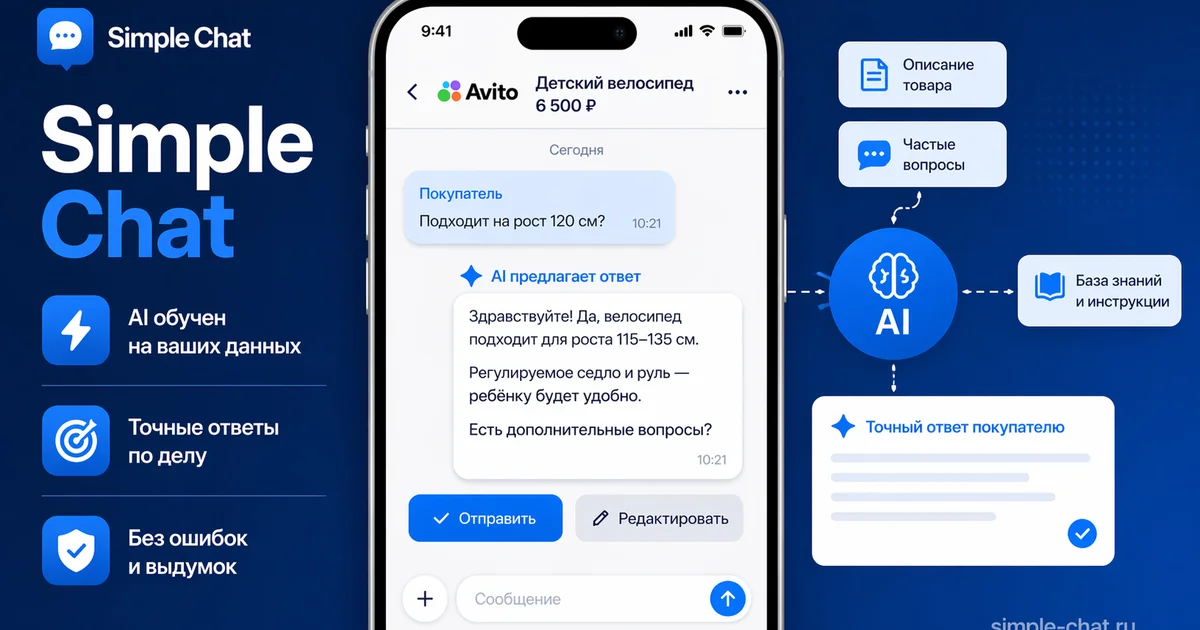 Нейросеть Simple Chat готовит контекстный ответ покупателю в чате Авито